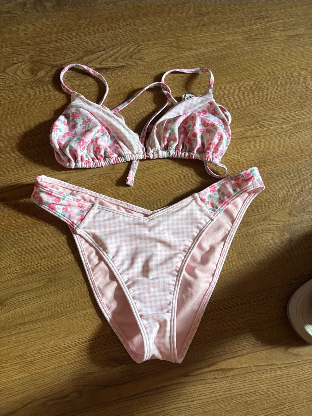 Hollister Pink Floral & Gingham Triangle Bikini Set